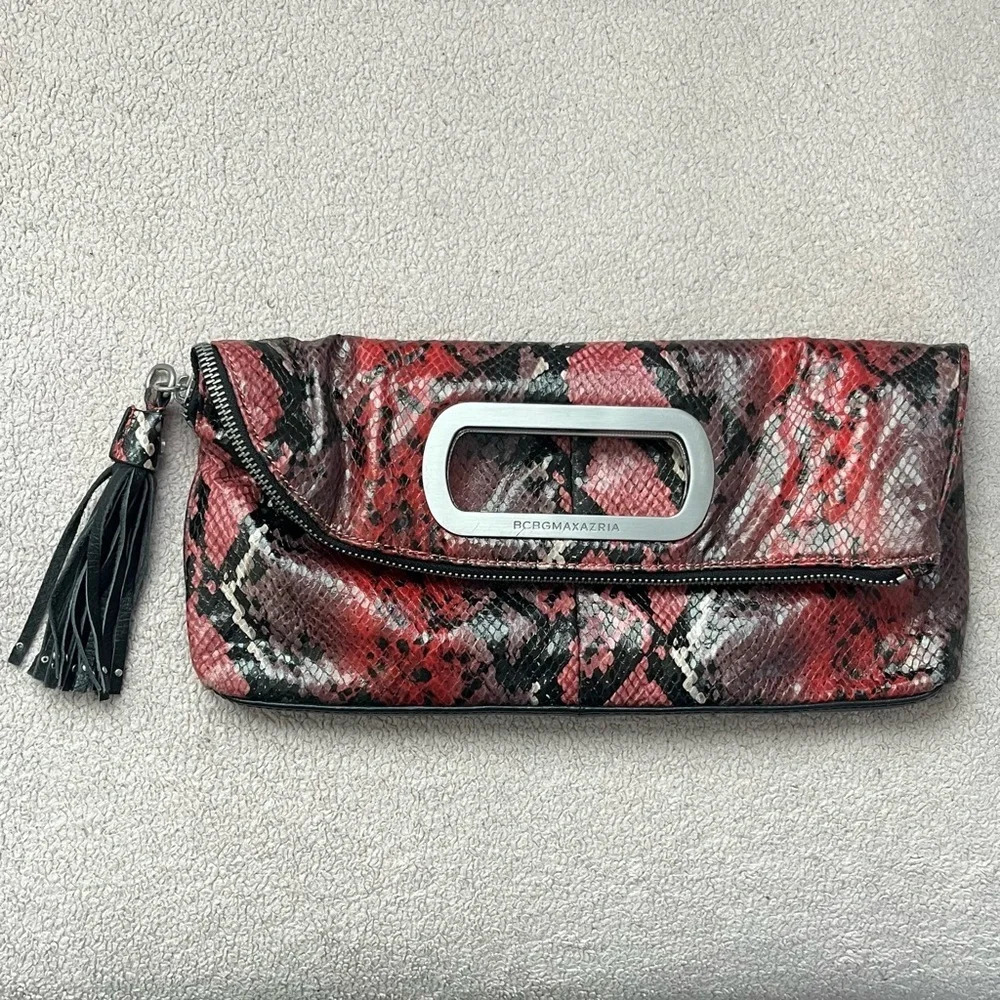 BCBGMaxAzria Clutch Purse Red/Black Exotic Zipper Tassel Handbag Foldable Clean